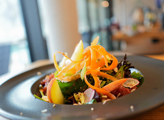 Salat mit Karottenstreifen, Obst und Blattsalat in dunkler Schale.